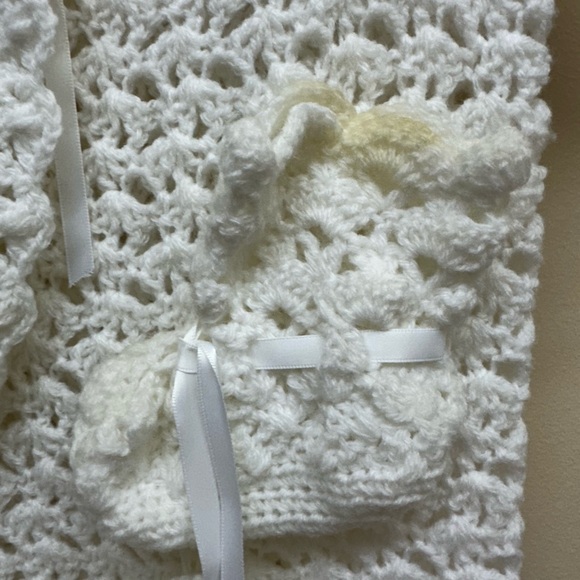 Two hand crocheted outfits with a One crocheted blanket
With a Pearl White Yarn - Picture 8 of 16